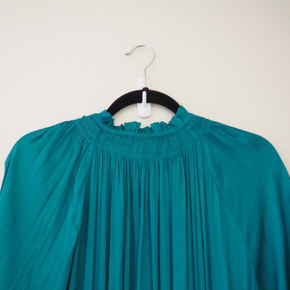 * Anthropologie Current Air Teal Satin Samantha Smocked Long Sleeve Mini Dress - Picture 11 of 11